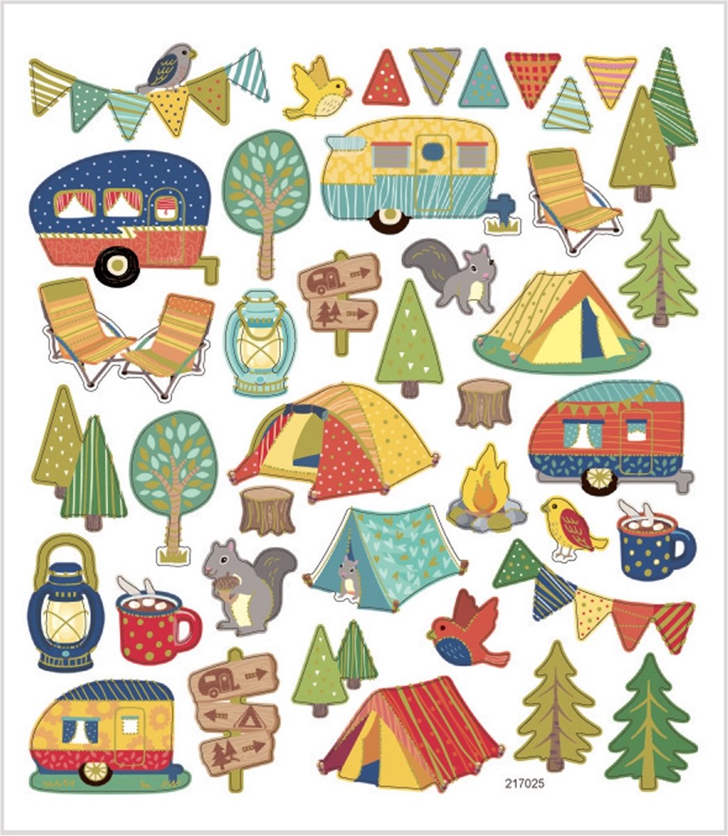 Stickers, vel 15x16,5 cm, circa 40 stuk, camping, 1vel [HOB-29173]